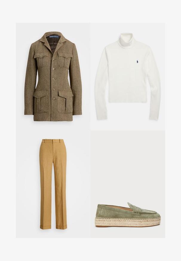 Barna halszálkás tweed zakó, gallérral, két mellzsebbel és két oldalzsebbel. Gombos záródás és struktúrált szabás jellemzi.; Fehér, hosszú ujjú, garbós pulóver, bal mellrészen kis tengerészkék polo játékos logóval.; Polo Ralph Lauren YARD LINEN FULL FLAT FRONT - Nadrágok - sand dune; Zöld velúr loaferek szőtt juta talppal. A klasszikus dizájn elülső varrást és varrási részleteket tartalmaz. Karcsú forma és puha textúra.