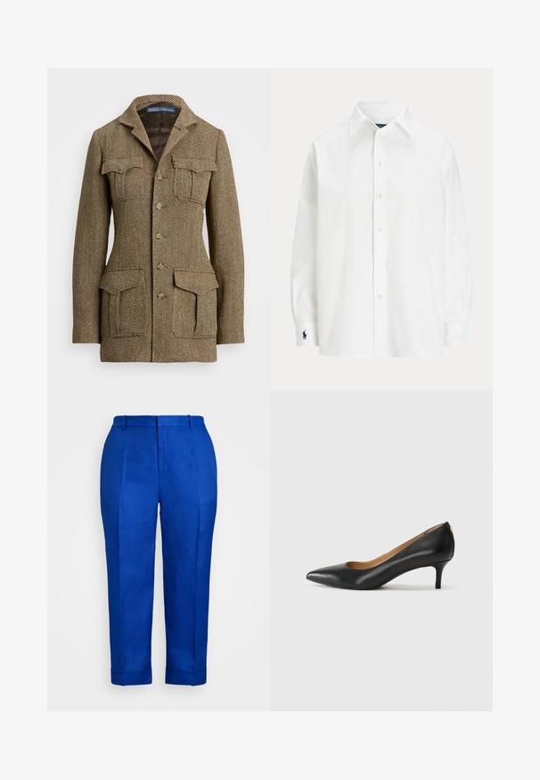 Barna halszálkás tweed zakó, gallérral, két mellzsebbel és két oldalzsebbel. Gombos záródás és struktúrált szabás jellemzi.; Fehér, hosszú ujjas ing, klasszikus gallérral és egy kis kék logóval a mandzsettán. Simaságot adó pamut anyag, strukturált fazon.; Kék vászon nadrág egyenes szabással, sima textúrával, felhajtott szárakkal és elülső redőkkel a elegáns megjelenés érdekében.; Fekete bőrpumpa hegyes orral, alacsony sarokkal és sima felülettel. Elöl enyhe nyílással rendelkezik, hátul pedig minimális részletezéssel.