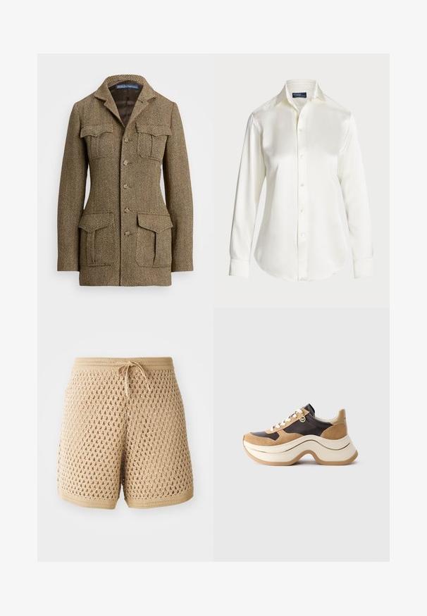 Ruskea herringbone-tweed-takki, jossa on kaulus, kaksi rintataskua ja kaksi sivutaskua. Varustettu nappisulkimella ja rakenteellisella istuvuudella.; Valkoinen pitkähihainen nappipaita, joka on valmistettu sileästä kankaasta. Paidassa on klassinen kaulus ja hienovarainen kiilto, pyöristetty helma sekä napitusyksityiskohdat.; Vaaleanbeige virkattu shortsipari, jossa on monimutkainen timanttikuosi, naruvyötärö ja ribatvoset. Kevyt ja hengittävä kangas.; Kengänpohja on paksu beigen ja tummanruskean värin yhdistelmä, jossa on mokkanahkakoristeita, valkoiset nauhat ja pieni kultainen MK-riipus sivussa.