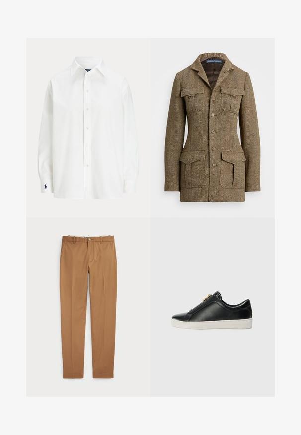 Brown herringbone tweed jacket with a collar, two chest pockets, and two side pockets. Features button closure and structured fit.; White button-up shirt with long sleeves, classic collar, and a small blue logo on the cuff. Smooth cotton fabric, structured fit.; Brown cotton trousers with a slim-fit design, flat front, and standard pockets; smooth texture and hemmed cuffs.; Black leather slip-on shoes with a raised seam, silver hardware detail on the upper, and a white rubber sole featuring embossed branding.