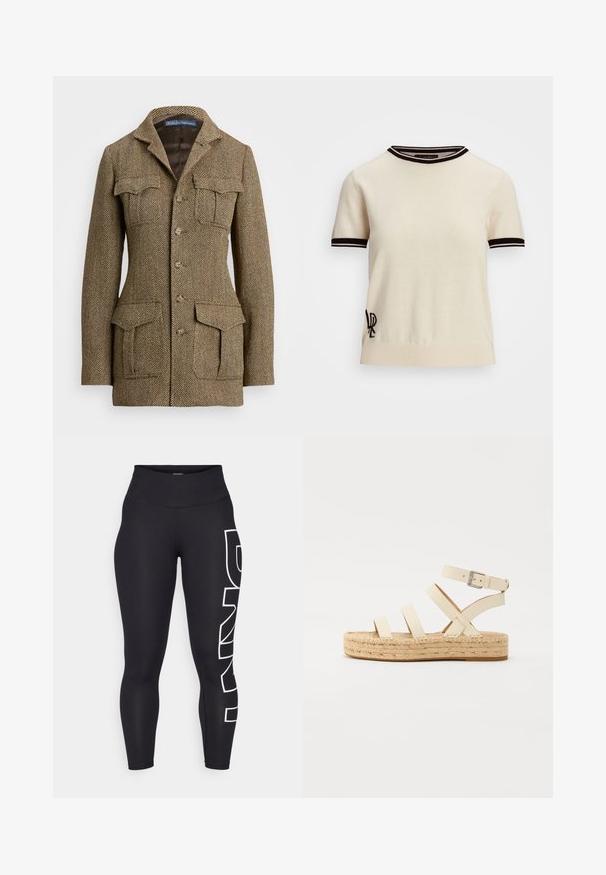 Braune Fischgrät-Tweedjacke mit einem Kragen, zwei Brusttaschen und zwei Seitentaschen. Verfügt über eine Knopfleiste und eine strukturierte Passform.; Kurzarmpullover aus Strick in Creme mit schwarzen gerippten Kragen- und Ärmelakzenten. Mit gesticktem Logo auf der unteren linken Seite.; Schwarze Leggings aus dehnbarem Stoff mit hoher Taille. Verfügt über ein großes, weißes Logo, das vertikal auf dem linken Bein aufgedruckt ist. Glatte Textur.; Hellbeige Leder-espadrillesandalette mit vier überkreuzten Riemen und einem Knöchelverschluss, ausgestattet mit einer geflochtenen Jutesohle und einer flachen Gummisohle.