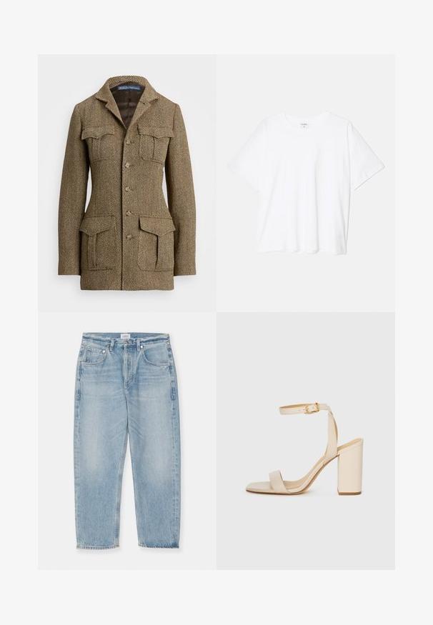Hnedý herringbone tweed sako s golierom, dvoma náprsňovými vreckami a dvoma postrannými vreckami. Obsahuje zapínanie na gombíky a má štruktúrovaný strih.; Biely bavlnený tričko s krátkymi rukávmi, okrúhlym výstrihom, voľným strihom a prešitým lemom. Štítok viditeľný na vnútornom krku.; Svetlo modré džínsy s opotrebovaným vzhľadom, rovný strih, päť vreciek a gombíkovým zapínaním. Nerovný lem na členkoch.; Béžové sandále na vysokom opätku so štvorcovou špičkou, tenkým remienkom na členku a blokovým opätkom. Hladká kožená textúra s detailom zlatého spony.