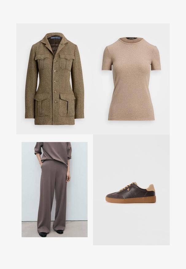 Brun herringbone tweedjakke med krave, to brystlommer og to sidelommer. Har knaplukning og struktureret pasform.; Lauren Ralph Lauren STRETCH COTTON CREWNECK TEE - T-shirts basic - adirondack heather; Løst siddende brune stofbukser med høj talje, brede ben og sidelommer, parret med en matchende oversized top.; Mørkebrun læder- og ruskinds sneaker med lysebrune snørebånd og sål, guld logo detalje, og "Michael Kors" præget på sålen.