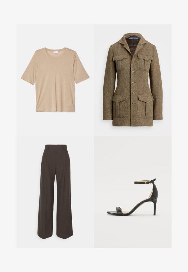 Brun herringbone tweedjakke med krave, to brystlommer og to sidelommer. Har knaplukning og struktureret pasform.; Filippa K ELENA TEE - T-shirts print - sandstone; Mørkebrune brede bukser med høj talje, der har pænt pressede folder, glat overflade og en skræddersyet pasform.; Sort læder højhælede sandaler med ankelrem. Har en glat tekstur, åben tå og en tynd hæl. Guldtonet spænde detalje.