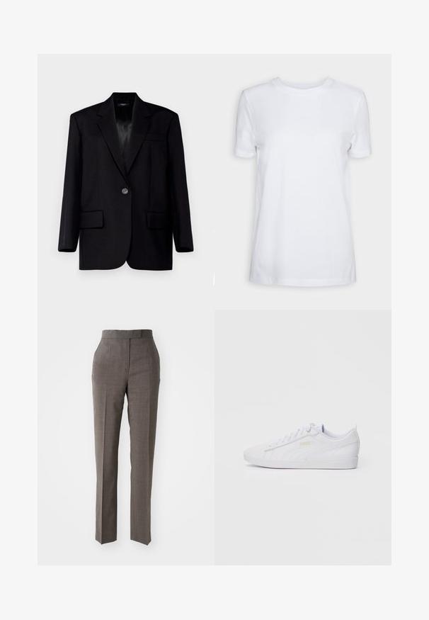 Weekend Max Mara BRAVO - Blazer - nero; Camiseta blanca de manga corta hecha de algodón. Diseño de cuello redondo con una textura suave y sin patrones ni acentos visibles. Estilo básico.; Pantalones grises a medida con pierna recta, tejido texturizado, cintura de altura media y dos bolsillos frontales. Sin cierres visibles ni patrones.; Zapatilla baja blanca de Puma con cierre de cordones en la parte delantera, un logo sutil en el lado y la suela, y una parte superior de material sintético suave para uso casual.
