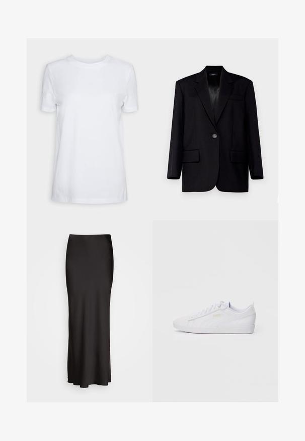 Weekend Max Mara BRAVO - Blazer - nero; White short-sleeve t-shirt made of cotton. Crew neck design with a smooth texture and no visible patterns or accents. Basic style.; Black, floor-length satin skirt with a smooth texture, fitted waistband, and A-line silhouette, featuring no visible embellishments or patterns.; White low-top Puma sneaker with lace-up front, subtle branding on side and sole, and smooth synthetic upper for casual wear.
