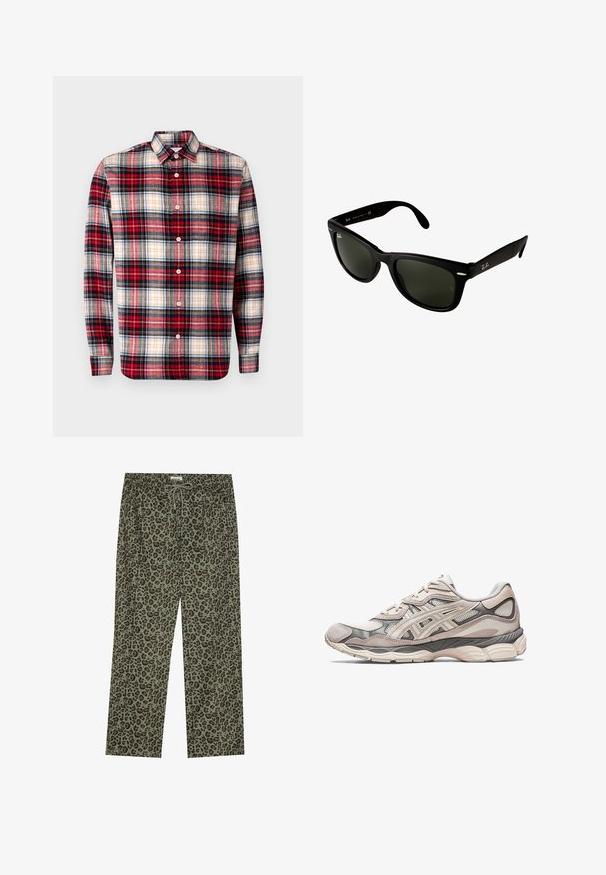 Blazer noir court avec un col cranté, deux poches avant et fermeture à deux boutons. Tissu texturé avec une doublure intérieure lisse.; GAP STANDARD - Chemise - multi coloured; Pantalon en imprimé léopard olive, fabriqué en tissu doux, avec une taille élastique et un cordon de serrage pour un ajustement réglable.; Baskets de sport gris clair avec une tige en mesh et en daim. Présente une semelle rembourrée, des superpositions prononcées et un design structuré.; Lunettes de soleil en plastique noir avec des verres vert foncé. La monture carrée présente des accents argentés et un logo en relief sur la branche.