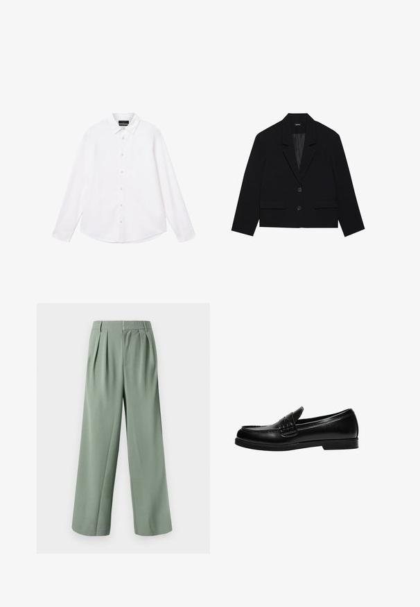 Zwarte cropped blazer met een opstaande kraag, twee vo zakken en sluiting met twee knopen. Gelaagd stof met een gladde binnenvoering.; Witte lange mouwen shirt met een klassieke kraag en knoopsluiting, met een gladde textuur en subtiele logodetail op de borst.; Groene wijde pantalon met plooien, gemaakt van gladde stof. Voorzien van een ritsluiting en twee zijzakken. Eenvoudig, op maat gemaakt ontwerp.; Zwarte leren loafers met een gladde afwerking, voorzien van stiksel op de voorkant en een lage, stevige zwarte rubberen zool.