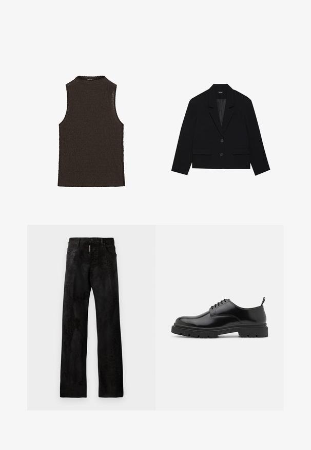Černá zkrácená sako s klopovým límcem, dvěma předními kapsami a uzavřením na dva knoflíky. Texturovaná tkanina s hladkou vnitřní podšívkou.; Hnědý top bez rukávů s texturovaným vlnitým designem a vysokým výstřihem, vyrobený z flexibilní pleteniny.; Černé džínové kalhoty s rovnýmsluhem, obsahující jemný vzor zvířecího printu, pět kapes a zapínání na knoflík.; Černé kožené šněrovací boty s kulatou špičkou, hladkým povrchem a drsnou gumovou podrážkou. Mají malý podpatek a poutko na zadní straně.