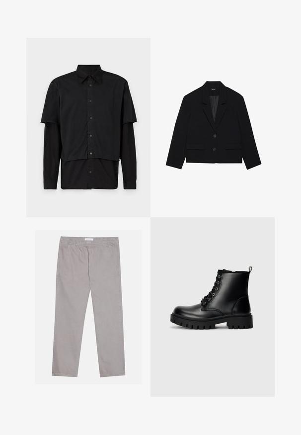 Črn skrajšan blazer z izrezanim ovratnikom, dvema sprednjima žepoma in zapenjanjem na dva gumba. Teksturovana tkanina z gladkim notranjim podlogo.; Črna srajca s kratkimi in dolgimi rokavi. Narejena iz bombaža, z klasičnim ovratnikom in subtilno oznako na rami.; Svjetlosive pamučne hlače s elastičnom pogačicom, dva bočna džepa, ravni kroj nogavica i glatka tekstura. Jednostavni detalj šivanja.; Črne usnjene gležnjarje z okroglo konico, zavezovanjem in trdim debelim podplatom. Imajo zanko za pomoč pri obuvanju na peti in srebrne dodatke.