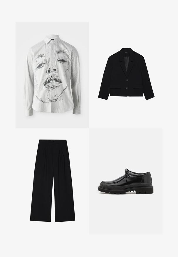 Mustahuulinen lyhyt blazer, jossa on viistoreunainen kaulus, kaksi etutaskua ja nappikiinnitys. Kuosillinen kangas, jossa on sileä sisävuori.; Raidallinen pitkähihaisen paidan etuosassa on mustavalkoinen kasvokuva. Kangas on sileä ja siinä on klassinen kaulus sekä nappitiedot.; YOURTURN UNISEX - Housut - black; Mustat nahkakengät Derby-tyyliin, jossa on tyylikäs muotoilu, pyöreä kärki ja teksturoitu kumipohja, jossa on syviä uria pidon parantamiseksi.