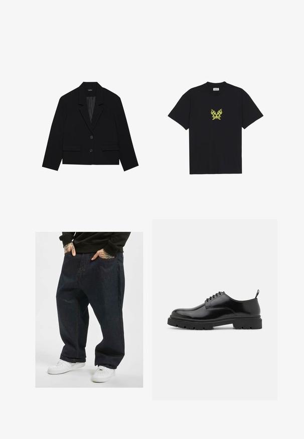Blazer nero corto con colletto a punta, due tasche frontali e chiusura con due bottoni. Tessuto texture con una fodera interna liscia.; T-shirt in cotone nero con una piccola grafica a farfalla con motivo a fiamma gialla sul petto. Collo a giro, maniche corte.; ecko unltd. BAGGYS 2Y FAT BRO - Jeans baggy - indigo; Scarpe stringate in pelle nera con punta arrotondata, texture liscia e suola in gomma rigata. Presentano un piccolo tacco e un pratico cinturino sul retro.