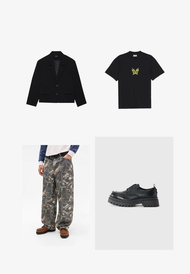 Blazer negro corto con cuello de muesca, dos bolsillos frontales y cierre de dos botones. Tejido texturizado con forro interior suave.; Camiseta de algodón negra con un pequeño gráfico de mariposa con patrón de llamas amarillas en el pecho. Cuello redondo, mangas cortas.; Pantalones grises holgados con un patrón de hojas y ramas, hechos de mezclilla. Combinados con mocasines marrones, mostrando un atuendo casual.; Zapato negro de cuero grueso con cordones, suela robusta y ojales de metal en la zona de los dedos, fotografiado sobre un fondo liso claro.