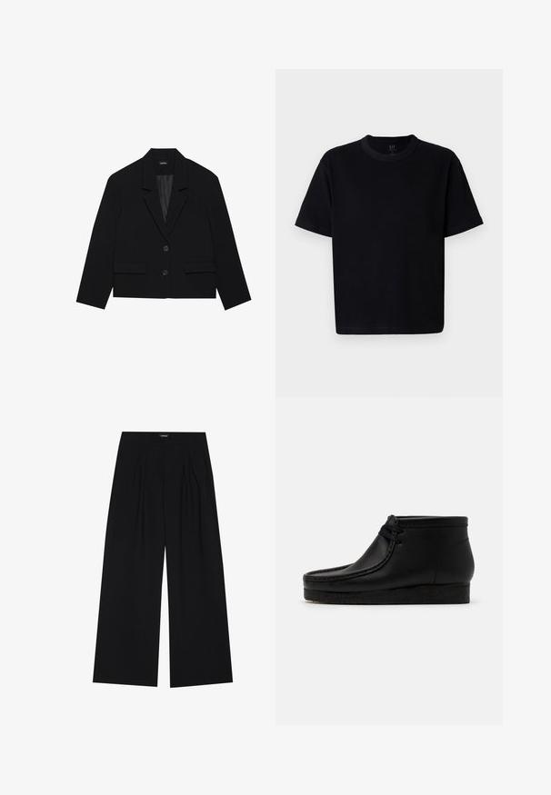 Svart cropped blazer med slagkrage, to frontlommer og to knappelukkinger. Teksturert stoff med glatt innerfôr.; Svart bomulls t-skjorte med rund hals, korte ermer og rett snitt. Har minimal søm og en myk, glatt tekstur.; YOURTURN UNISEX - Bukse - black; Sorte ankelstøvler i lær med rund tå, sømdetaljer og en blød gummisål. Har en front snøredesign.
