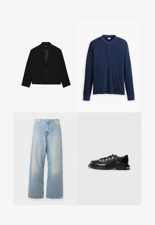 Schwarze cropped Blazerjacke mit Reverskragen, zwei Vordertaschen und zwei Knopfverschluss. Strukturierter Stoff mit glattem Innenfutter.; Langärmliges navyblaues Henley-Shirt aus geripptem Stoff. Mit rundem Ausschnitt und einer Knopfleiste mit drei Knöpfen. Die Bündchen sind schmal geschnitten.; Helle blaue weit geschnittene Jeans aus Denim, mit hoher Taille, Fronttaschen und einem ausgewaschenen Look mit subtilen Abzeichen an den Oberschenkeln.; Schwarzer Leder-Schnürschuh mit niedrigem Schnitt, dicker Sohle, Metallösen, dekorativen silbernen Charms an den Schnürsenkeln und strukturiertem Profil auf der Sohle.