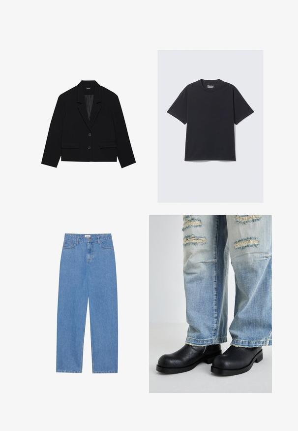 Svart cropped blazer med slagkrage, to frontlommer og to knappelukkinger. Teksturert stoff med glatt innerfôr.; Svart bomull T-skjorte med klassisk rund hals, korte ermer, og en avslappet passform. Glatt tekstur med minimale stikking detaljer.; Lyseblå denimjeans med rett snitt, fem lomme-design, enkelt knappelukking og subtile sømdetaljer.; Sorte skinnesko med avrundet tå og lav blokkheel, sammen med slitte lyse blå jeans med hull og frynsete kanter.