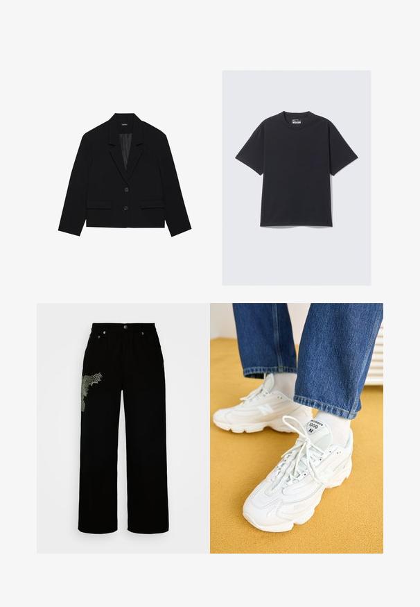 Fekete cropped blézer, éles nyakkal, két elülső zsebbel és két gombos záródással. Textúrált anyag sima belső béléssel.; Fekete pamut T-Shirt klasszikus kerek nyakkivágással, rövidujjakkal és laza szabással. Sima textúra minimális varrási részletekkel.; Fekete, széles szárú farmernadrág, amelyen textúrázott minta található a bal lábszáron és ezüst színű fémrészek.; Fehér New Balance 1000 sportcipők, hálós és bőr anyagokból, kerek orral, textúrázott dizájnnal és fűzőkkel. Kék farmernadrággal párosítva.
