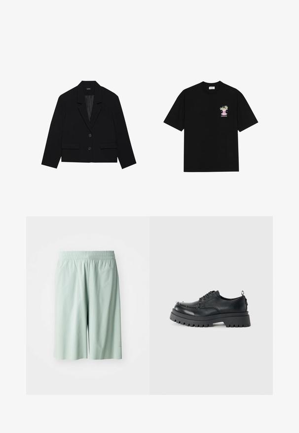 Blazer cropped preto com gola de bico, dois bolsos frontais e fechamento com dois botões. Tecido texturizado com um forro liso.; T-shirt preta de algodão com um gráfico colorido no lado esquerdo do peito, retratando um urso de peluche e texto estilizado, com mangas curtas e gola redonda.; Calças atléticas verde-claro com um cós elástico, textura suave, até aos joelhos, apresentando um detalhe discreto do logo na parte inferior.; Sapato preto de couro grosso com atacadores, sola robusta e ilhós de metal na área dos dedos, fotografado num fundo claro e simples.
