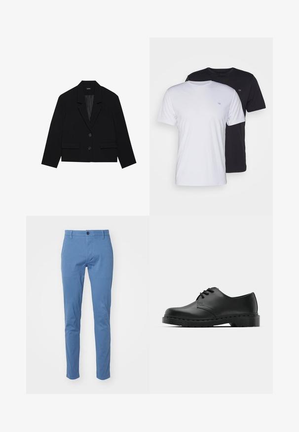 Juodas trumpas švarkas su iškarpytu apykakle, dviem priekiniais kišenėmis ir dviem sagų užsegimu. Tekstūruota medžiaga su glotnia vidine pamušalu.; Du pfaldi medvilniniai marškiniai trumpomis rankovėmis, balti ir juodi, su apvaliais kaklais, turintys mažą logotipą ant krūtinės, glotnus paviršius.; DOCKERS SMART SUPREME FLEX SKINNY - Chino stiliaus kelnės - bluefin; Juodos odinės oksfordo bateliai su raištelių užsegimu, apvaliu pirštu, plokščiu guminiu padu ir subtiliu siuvimo akcentu viršuje.