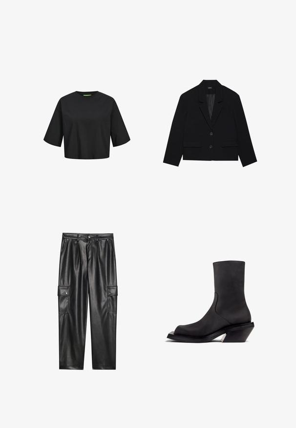 Mustahuulinen lyhyt blazer, jossa on viistoreunainen kaulus, kaksi etutaskua ja nappikiinnitys. Kuosillinen kangas, jossa on sileä sisävuori.; Musta puuvillainen lyhythihainen crop-top, jossa on pyöreä kaula-aukko, lyhyet hihat ja vihreä etiketti kaula-aukossa. Sujuva, pehmeä rakenne.; Mustat tekonahka cargo-housut, joissa on korkea vyötärö, kaksi sivutaskua ja kaksi nappikiinnitteistä cargo-taskua reidellä. Sujuva kangas ja räätälöity muotoilu.; Musta nahkainen nilkkabotti, jossa on pyöreävarvaskärki, sileä pinta ja paksu korko. Korkeudessa on hopeinen yksityiskohta.