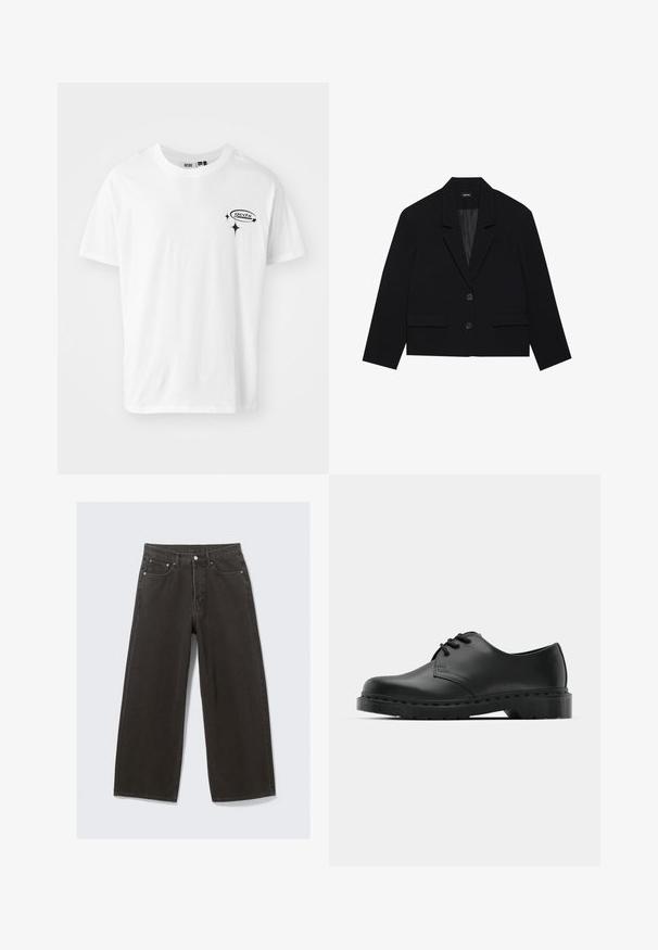 Melna kroptā žakete ar iegrieztu apkakli, divām priekšējām kabatām un diviem pogu aizdarēm. Tekstūrēta auduma virsma ar gludu iekšējo oderi.; Balta kokvilnas T-krekls ar īsām piedurknēm, apaļu kakla izgriezumu un melnu drukātu logotipu kreisajā krūšu daļā. Gluda tekstūra, ikdienišķs dizains.; Plati melni džinsi ar augstu jostas daļu, piecu kabatu dizainu un pogu aizdari. Audums ir mīksts un ar teksturētu apdari.; Melnas ādas oksfordas kurpes ar auklošanas dizainu, noapaļota purngala, plakana gumijas zole un smalka šuvumu detaļa augšējā daļā.