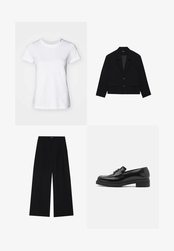 Melna kroptā žakete ar iegrieztu apkakli, divām priekšējām kabatām un diviem pogu aizdarēm. Tekstūrēta auduma virsma ar gludu iekšējo oderi.; Vēl balta kokvilnas T-kreklu ar īsām piedurknēm, apaļu izgriezumu un nelielu logo uzlīmi uz pleca. Gluda tekstūra un klasiskā piegriezuma.; YOURTURN UNISEX - Auduma bikses - black; Melnas pulētas ādas loafer kurpes ar zemu bloku papēdi, ar izšūtu purngalu un metāla sprādzi augšpusē, parādītas sāna profilā uz balta fona.