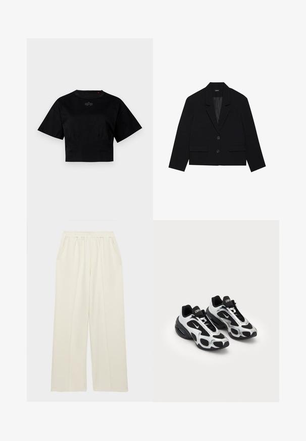 Fekete cropped blézer, éles nyakkal, két elülső zsebbel és két gombos záródással. Textúrált anyag sima belső béléssel.; Fekete, rövid fazonú pamut póló. Rövidujjú, kerek nyakkivágása van. Diszkrét logó részlet található a mellkason.; Világos elefántcsont színű, bő szárú nadrág puha anyagból, rugalmas derékkal és oldalsó zsebekkel. Simább textúra finom varrási részletekkel.; Fekete és ezüst sportcipők, hálós és szintetikus felsőrész leírással, jellegzetes hullámos dizájnnal és párnázott nyakkal, valamint légpárnás talppal.