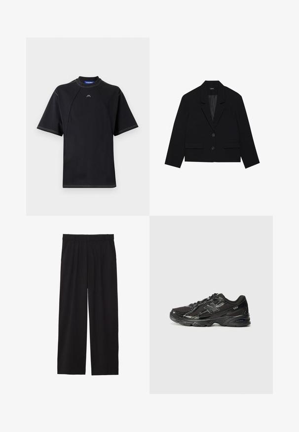Blazer scurt negru cu guler în formă de V, două buzunare frontale și închidere cu două butoane. Material texturat cu o căptușeală netedă.; Tricou negru cu mânecă scurtă și guler rotund, cu cusături în contrast și un mic logo pe piept. Material neted și elastic.; Pantaloni negri largi, cu un front plisat, buzunare laterale și o textură de țesătură netedă. Concepuți pentru o croială relaxată.; Pantof de sport negru din materiale din plasă și sintetice, având vârful rotund, sistem de închidere cu șiret, talpă texturată și accente reflective.