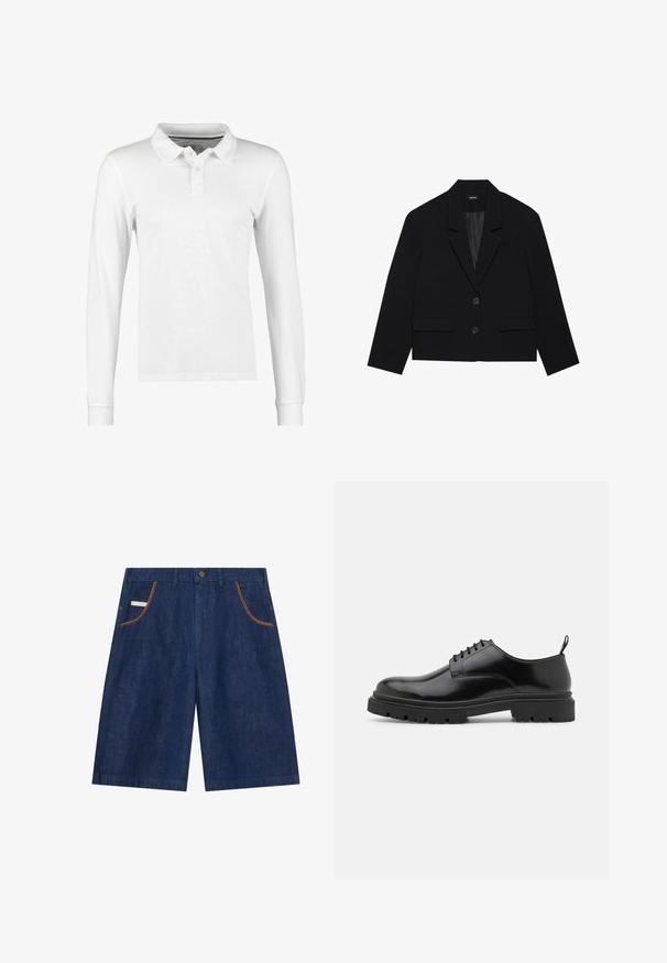 Blazer nero corto con colletto a punta, due tasche frontali e chiusura con due bottoni. Tessuto texture con una fodera interna liscia.; Polo a maniche lunghe in cotone bianco, con colletto, patta con tre bottoni e texture liscia senza motivi o decorazioni.; Shorts di jeans di un blu intenso, con cuciture marroni in contrasto lungo le tasche anteriori e una chiusura a bottone classica.; Scarpe stringate in pelle nera con punta arrotondata, texture liscia e suola in gomma rigata. Presentano un piccolo tacco e un pratico cinturino sul retro.