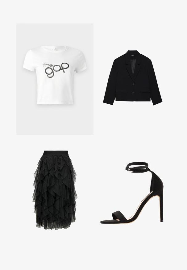 Juodas trumpas švarkas su iškarpytu apykakle, dviem priekiniais kišenėmis ir dviem sagų užsegimu. Tekstūruota medžiaga su glotnia vidine pamušalu.; Baltas trumpas medvilninis marškinėlis su juodu blizgučių grafinu "the gap" priekyje. Trumpomis rankovėmis ir apvaliu iškirpimu.; Juodasis midijų sijonas, pagamintas iš sluoksniuoto tiulio su volančių dizainu. Yra elastinga juosmens juosta. Skaidri medžiaga suteikia tekstūrą ir judesį.; Juodi zomšiniai aukštakulniai šlepetės su paprastu dirželio dizainu, atvira kojų pirštų dalimi ir kulkšnis apimančiu dirželiu su sidabrine sagtimi.