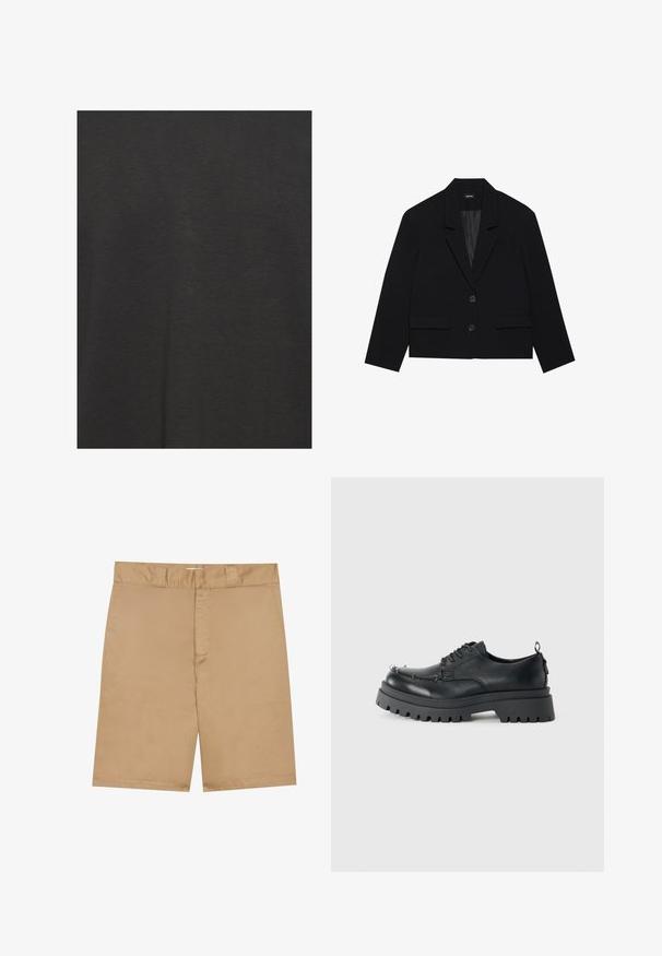 Melna kroptā žakete ar iegrieztu apkakli, divām priekšējām kabatām un diviem pogu aizdarēm. Tekstūrēta auduma virsma ar gludu iekšējo oderi.; Melnā T-kreklā, kas izgatavota no mīkstas auduma, ar gludu tekstūru un pamata dizainu bez rakstiem vai akcentiem.; Kaki šorti ar gludu jostu, rāvējslēdzi priekšā un sānu kabatām; izgatavoti no gludas, vieglas auduma ar vieglu tekstūru.; Melnas masīvas ādas kurpes ar auklēm, biezs, raupjš zole un metāla acs kontaktligzdas uz pirkstu zonas, fotografētas uz vienkārša gaiša fona.