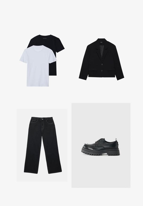 Schwarze cropped Blazerjacke mit Reverskragen, zwei Vordertaschen und zwei Knopfverschluss. Strukturierter Stoff mit glattem Innenfutter.; Zwei kurzärmelige Rundhals-T-Shirts, eines schwarz und eines weiß, aus weichem Baumwollmaterial mit einer gerippten Textur. Klassische Passform.; Schwarze Denim-Hosen mit weitem Bein besitzen eine hohe Taille, Fronttaschen und eine kontrastierende Naht. Der Stoff hat eine glatte, leicht strukturierte Oberfläche.; Schwarzer klobiger Leder-Schnürschuh mit dickem, robustem Sohlen und Metallösen im Zehenbereich, fotografiert vor einem schlichten hellen Hintergrund.