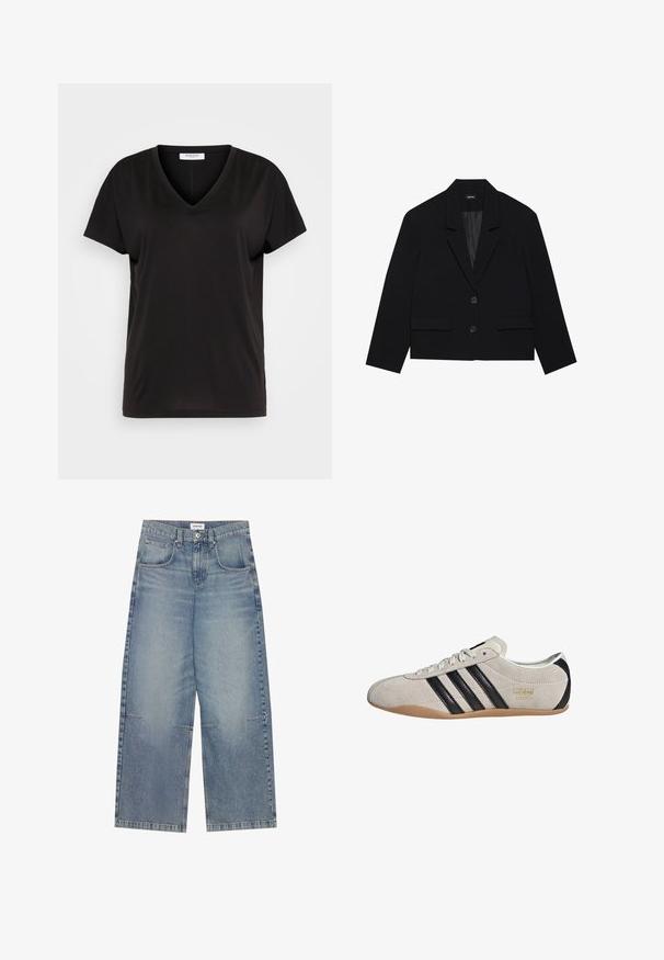 Fekete cropped blézer, éles nyakkal, két elülső zsebbel és két gombos záródással. Textúrált anyag sima belső béléssel.; Fekete V-nyakú póló puha, lélegző anyagból. Rövid ujjal és laza szabással rendelkezik, látható minták vagy díszítések nélkül.; Világoskék, bő szárú farmernadrág, magas derékkal, öt zsebbel, látható varrással, laza, megkopott hatással.; Suede sportcipő szürke felsőrésszel, fekete csíkokkal és gumiból készült talppal. Fűzős záródással és arany logó részlettel rendelkezik az oldalon.