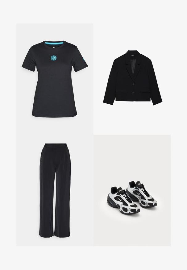 Melna kroptā žakete ar iegrieztu apkakli, divām priekšējām kabatām un diviem pogu aizdarēm. Tekstūrēta auduma virsma ar gludu iekšējo oderi.; Melnas īsām piedurknēm T-kreklas, kas izgatavots no mīksta materiāla, ar apaļu kakla izgriezumu un gaismas zilo izšūto logotipu uz krūšu nodaļas.; Nike Performance BLISS TROUSER - Auduma bikses - black; Melnas un sudraba krāsas sporta kurpes ar sietiņu un sintētisku virsu, izceļoties ar izteiktu viļņotu dizainu un mīkstinātu apkaklīti, kā arī gaisa amortizāciju zole.