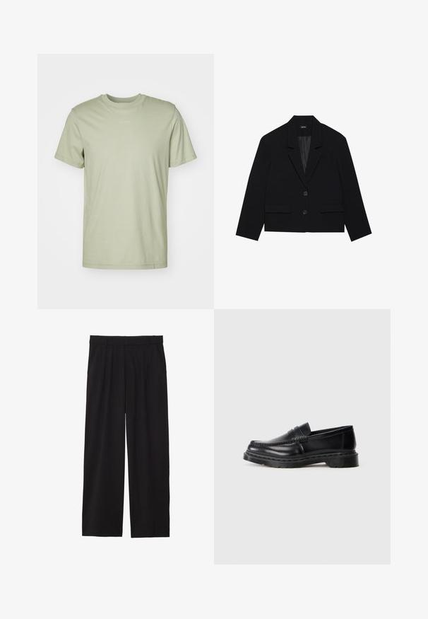 Fekete cropped blézer, éles nyakkal, két elülső zsebbel és két gombos záródással. Textúrált anyag sima belső béléssel.; Világoszöld pamut póló kerek nyakkal, rövid ujjú, és egy visszafogott márkájú logo nyomtatva a mellkas közepén.; Fekete, bőszárú nadrág, pliszírozott elülső résszel, oldalsó zsebekkel és sima szövettextúrával. Lazább, kényelmes szabású.; Férfi fekete bőr penny loafer, vastag talppal és mokkaszíj varrással, profilból bemutatva fehér háttéren.