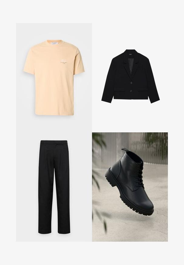 Svart cropped blazer med slagkrage, to frontlommer og to knappelukkinger. Teksturert stoff med glatt innerfôr.; Ferskenfarget bomull T-skjorte med korte ermer, med et lite hvitt grafisk motiv og tekst på venstre brystområde. Enkel rund hals.; Sorte bukser laget av glatt stoff, med rette ben, to frontfoldninger og standard liv med beltehemper.; Sorte skinn ankleboots med rund tå, snøring og grov gummisåle. Glatt tekstur med en stropp bak.