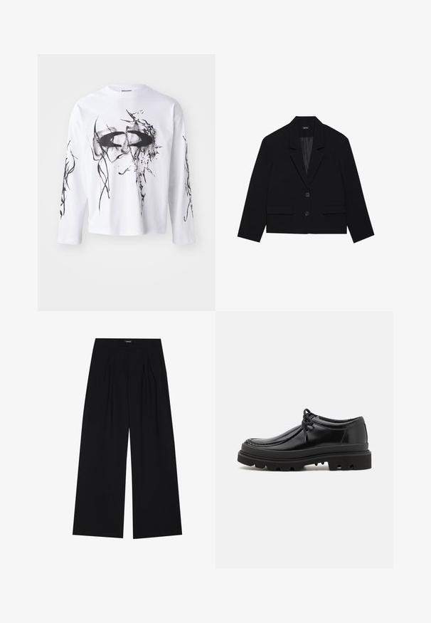 Sort cropped blazer med klapkrave, to forreste lommer og to knaplukninger. Struktureret stof med en glat inderside.; Weekday Langærmet T-shirt - white; YOURTURN UNISEX - Bukser - black; Sorte læder derby-sko med et strømlinet design, rund tå og struktureret gummisål med dybe riller for bedre greb.