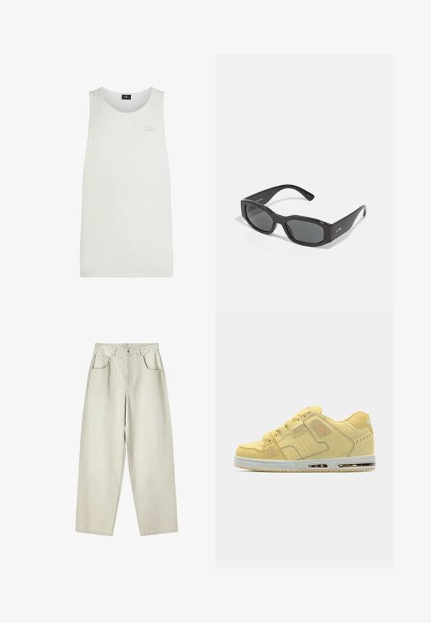 Sort cropped blazer med klapkrave, to forreste lommer og to knaplukninger. Struktureret stof med en glat inderside.; Hvid tanktop lavet af letvægtsstof. Har en rund halsudskæring og et lille, præget logo på brystet. Enkel, ensfarvet design.; Beige højtaljede lige ben jeans med frontknap, lynlås, to frontlommer og bæltestropper, lagt fladt på en hvid baggrund.; Gul sneaker med overdel i ruskind og syntetisk materiale, perforerede detaljer, polstret sål og en klar luftenhed synlig i hælen.; Sorte rektangulære solbriller med mørke linser. Kraftig plastikramme med en glat overflade, der har diskret branding på siden.