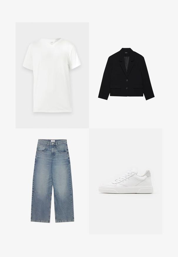 Zwarte cropped blazer met een opstaande kraag, twee vo zakken en sluiting met twee knopen. Gelaagd stof met een gladde binnenvoering.; Witte katoenen T-shirt met korte mouwen en V-hals, met een ontspannen pasvorm en een gladde, zachte textuur. Geen patronen of accenten aanwezig.; Lichtblauwe wijde jeans gemaakt van denim, met een hoge taille, vijf zakken en zichtbare stiksels, afgerond met een casual, vervaagd uiterlijk.; Witte leren sneakers met een gladde afwerking, ronde neus, platte veters en een gestructureerde zool. Grijze suède accent bij de hiel.