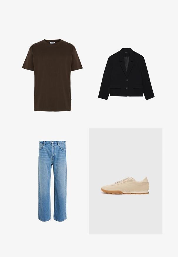 Blazer nero corto con colletto a punta, due tasche frontali e chiusura con due bottoni. Tessuto texture con una fodera interna liscia.; Minimum AARHUS - T-shirt basic - 1914 seal brown; Jeans azzurri a gamba larga in denim con una finitura sbiadita. Presentano cinque tasche e una chiusura con bottone in vita.; Sneaker in suede beige con un design snello, caratterizzati da una tomaia texture, punta arrotondata e suola in gomma con un motivo a zigzag.