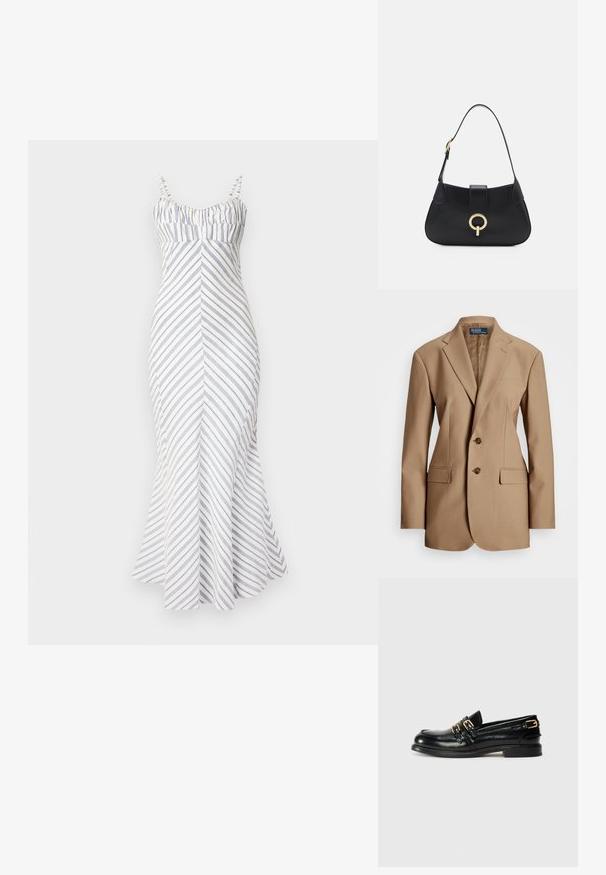 Tan divreiz valkājams bleizeris, izgatavots no gluda auduma, ar divām priekšējām kabatām, brūniem pogām un piegriezuma piegulšanu. Iezīmes izvērsti apkakles. ; Bezplecu, pieguļošs midi kleita baltā krāsā ar ziliem diagonāliem svītrām. Iezīmē savākts bodice, izplešots apakšmalu un regulējamas siksnas. Gluda tekstūra.; Melnas ādas loafers ar gludu apdari, aprīkoti ar divām zeltītām sprādzēm un zemu papēdi. Gluda tekstūra un noapaļots purngals.; Melna ādas rokassoma ar izliekta siluetu, īsu siksnu, centrālo zelta krāsas aksesuāru un gludu tekstūru. Nav redzamu rakstu vai akcentu.