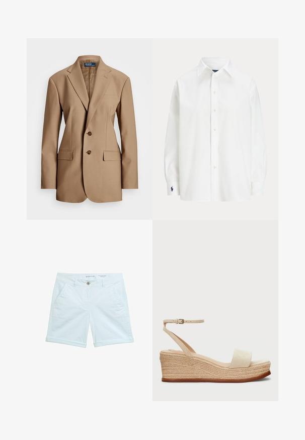 Tan dubbelzijdig colbert van soepel materiaal met twee voorkruiszakken, bruine knopen en een getailleerde pasvorm. Voorzien van inkepingen op de revers.; Witte button-up shirt met lange mouwen, klassieke kraag en een klein blauw logo op de manchet. Gladde katoenstof, gestructureerde pasvorm.; lichtblauwe chino shorts met een opgerolde zoom, voorzien van twee zijzakken en een voorknoopsluiting. Gemaakt van ademend materiaal.; Wedge sandalen in lichtbeige suede met een brede band over de tenen, enkelband met gesp en een geweven jute hak. Vlakke rubberen zool.