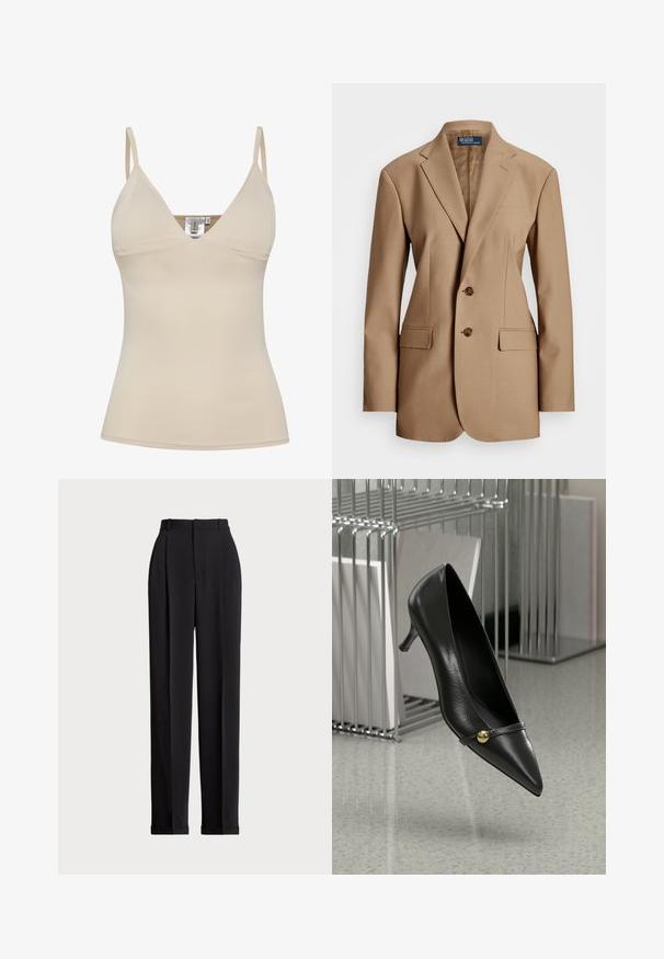 Hnedý dvojradový sako vyrobené z hladkej textílie s dvoma prednými vreckami, hnedými gombíkmi a strihom na mieru. Disponuje klopami so zárezmi.; Bežový tielko s výstrihom do V a nastaviteľnými tenkými ramienkami. Vyrobené z hladkého, elastického materiálu s priliehavým strihom.; Čierne prispôsobené nohavice s vysokým pásom, prednými záhybmi, rovnými nohavicami a manžetami na leme. Vyrobené z hladkej tkaniny.; Čierna kožená vysoká topánka na podpätku s špicatou špičkou, ktorá má tenký popruh a zlatý akcent. Lesklý povrch, jemný podpätok a elegantný dizajn.