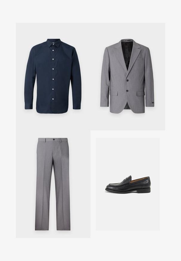 Pelēks bleizeris ar gludu tekstūru, vienkrūšu dizains, iemaukti, divas pogas un divas sānu kabatas; redzama odere.; Klātblaizs zilas garām piedurknēm kreklis, izgatavots no gludas kokvilnas, ar izplestu apkakli, priekšējo pogu slēgšanu un pogājamiem aproču galiem. Nav redzamu rakstu.; Balta īsām piedurknēm T-krekls, brīvs piegriezums, apaļš kakla izgriezums, gluda kokvilnas auduma, vienkārša aizmugure, taisna apakšmala, bez rakstiem vai accentiem.; Pelēki pielāgoti bikses ar plakanu priekšpusi, diviem sānu kabatām un vienu pogu aizdari. Gluda tekstūra ar smalku svītrotu rakstu.; Melnas ādas loafers ar gludu apdari, noapaļotu purngalu un dekoratīvām šuvēm uz virsu. Zems, sakrauta papēža un neliels spīdums.