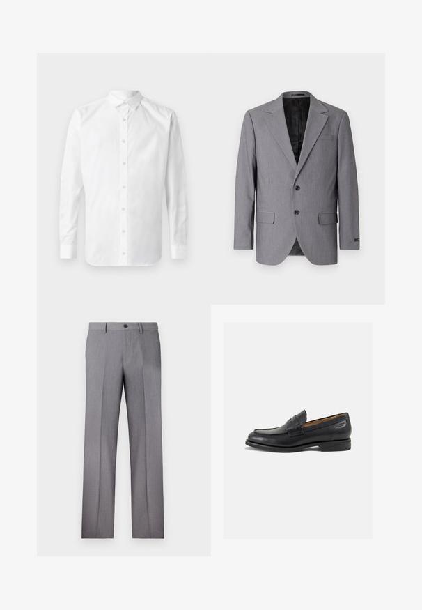 Siv blazer z gladko teksturo, enojnim gumbom, s poklopnimi reverji, dvema gumboma in dvema stranskima žepoma; vidna podloga.; Bela srajca z dolgimi rokavi in gumbnim zapenjanjem, klasičnim ovratnikom, sprednjim zapiranjem na gumbe ter gladkim bombažnim materialom.; Bela kratka majica s kratkimi rokavi, ohlapnega kroja, okroglega izreza, gladkega bombažnega materiala, brez okrasitev na hrbtni strani, ravna obroba, brez vzorcev ali naglasov.; Sive prirejene hlače z ravnim sprednjim delom, dvema stranskima žepoma in enojnim gumbom za zapiranje. Gladka tekstura z diskretno črtasto vzorcem.; Črne usnjene loafers cipele z gladko površino, zaobljenim nosom in dekorativnim šivom na vampu. Nizek zloženi peti in rahla sijaj.