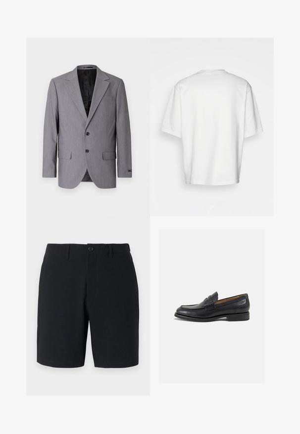 Pelēks bleizeris ar gludu tekstūru, vienkrūšu dizains, iemaukti, divas pogas un divas sānu kabatas; redzama odere.; Balta īsām piedurknēm T-krekls, brīvs piegriezums, apaļš kakla izgriezums, gluda kokvilnas auduma, vienkārša aizmugure, taisna apakšmala, bez rakstiem vai accentiem.; Melni šorti ar teksturētu audumu, pogu aizdari, jostu cilpām un sānu kabatām; pieguļoša forma ar tīriem, šuvju apdrukātiem apakšmalām.; Melnas ādas loafers ar gludu apdari, noapaļotu purngalu un dekoratīvām šuvēm uz virsu. Zems, sakrauta papēža un neliels spīdums.