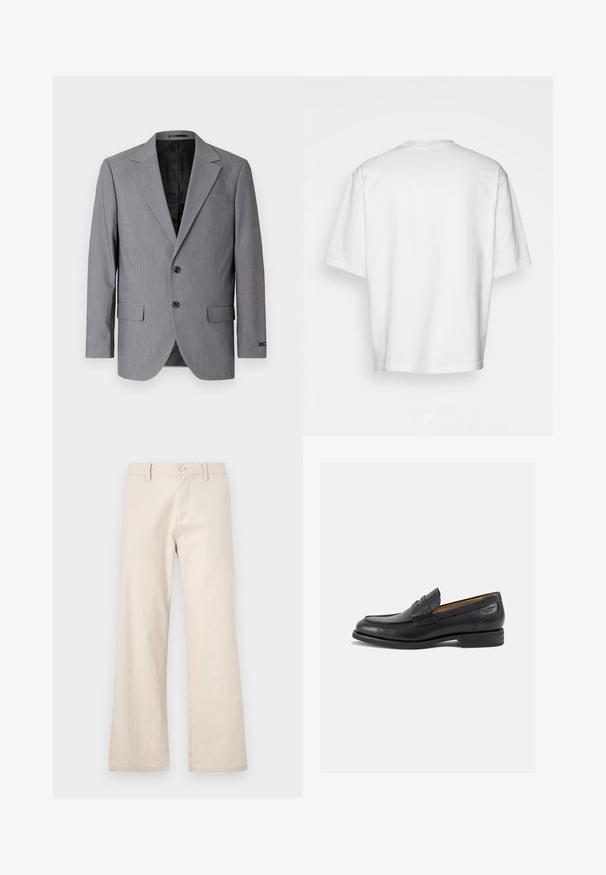 Harmaa bleiseri, jossa on sileä pinta, yksirivinen suunnittelu, kaarevat lapelsit, kaksi nappia ja kaksi sivutaskua; vuorattu sisus näkyvissä.; Valkoinen lyhythihainen t-paita, löysä malli, pyöreä pääntie, sileä puuvillakangas, koristamaton selkä, suora helma, ei kuvioita tai yksityiskohtia.; Beige leveleinsi, jotka on valmistettu kevyestä kankaasta, jossa on nappisulku ja etutaskut, sekä sileä, tekstuuriottamaton viimeistely.; Mustat nahkaloaferit, joissa on sileä pinta, pyöreä varvas ja koristeompeleet varpaansuojassa. Matala pinottu korko ja hieno kiilto.