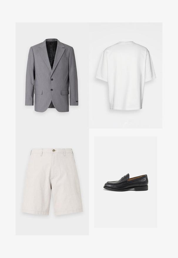 Gray blazer with a smooth texture, single-breasted design, notch lapels, two buttons, and two side pockets; lined interior visible.; White, short-sleeved t-shirt with a round neckline, made from cotton. Simple design, no patterns or accents, viewed from the back.; Light beige shorts made from textured fabric, featuring a button closure, belt loops, and a straight cut. No visible pockets.; Black leather loafers with a smooth finish, rounded toe, and decorative stitching on the vamp. Low stacked heel and slight shine.
