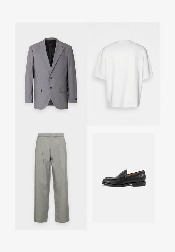 Sacou gri cu o textură netedă, design cu o singură butonieră, rever cu colțuri, două butoane și două buzunare laterale; interior căptușit vizibil.; Tricou alb cu mânecă scurtă, croială lejeră, decolteu rotund, material din bumbac neted, spate simplu, margine dreaptă, fără modele sau accente.; Pantaloni gri tăiați, dintr-un material texturat, cu un design drept, pliuri frontale și un talie standard cu bucle pentru curea.; Mocasini din piele neagră cu o finisare netedă, vârf rotund și cusături decorative pe partea superioară. Toc mic și stivuit, cu o ușoară strălucire.