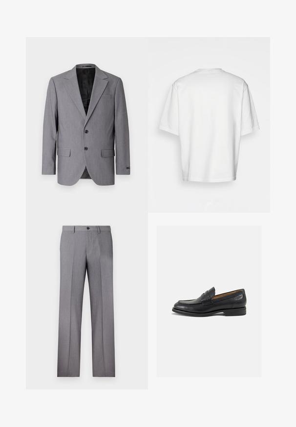 Szary marynarka o gładkiej teksturze, jednopierścieniowa konstrukcja, klapy notcha, dwa guziki i dwie boczne kieszenie; widoczne wykończenie podszewką.; Biała, krótkiego rękawa koszulka, luźny krój, okrągły dekolt, gładki bawełniany materiał, nieozdobione plecy, prosta linia dołu, bez wzorów ani akcentów.; Szare dopasowane spodnie z płaskim przodem, dwoma bocznymi kieszeniami i pojedynczym zapięciem na guzik. Gładka faktura z delikatnym wzorem w prążek.; Czarne skórzane mokasyny o gładkim wykończeniu, zaokrąglonym nosku i dekoracyjnym przeszyciu na cholewce. Niski, warstwowy obcas i delikatny połysk.